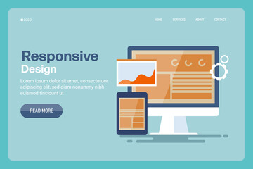 Responsive website on tablet and computer screen, information technology and digital device, web development and programming, application concept. Web banner template with button & text.