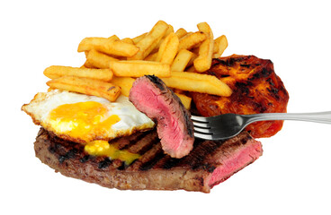 Wall Mural - Steak egg and chips meal with grilled tomato isolated on a white background