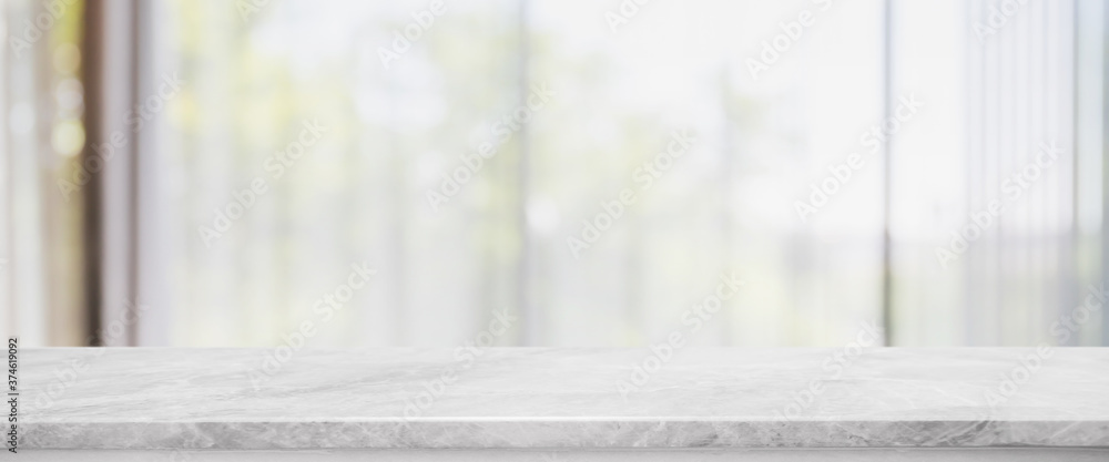 Empty white marble stone table top and blurred living room in home interior with curtain window banner background. - can used for display or montage your products. - obrazy, fototapety, plakaty 