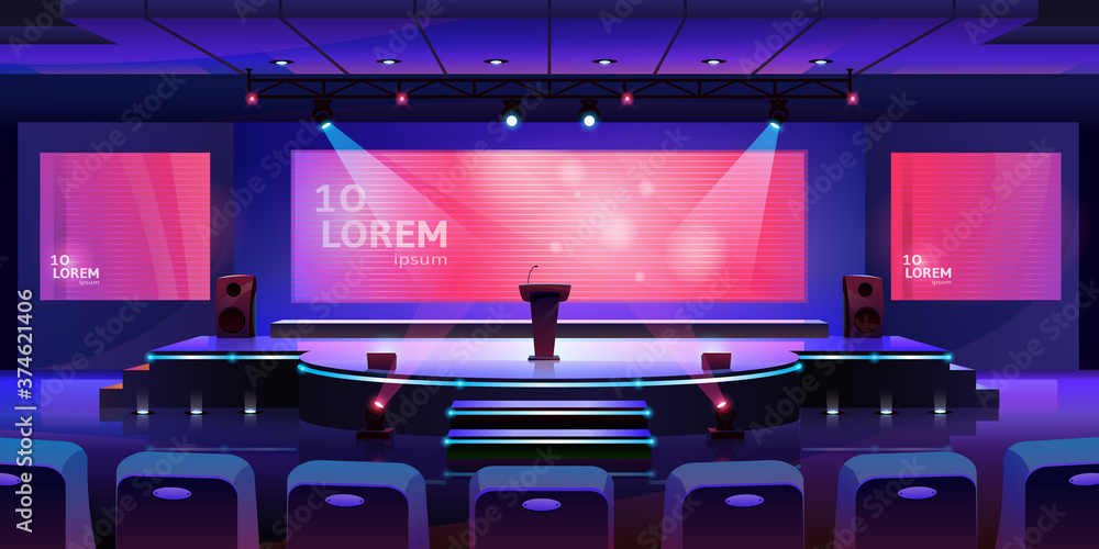 Stage for event or conference with tribune, convention hall for presentation or concert, vector background. Modern empty stage with speaker podium, chair seats and projector display monitors on screen - obrazy, fototapety, plakaty 
