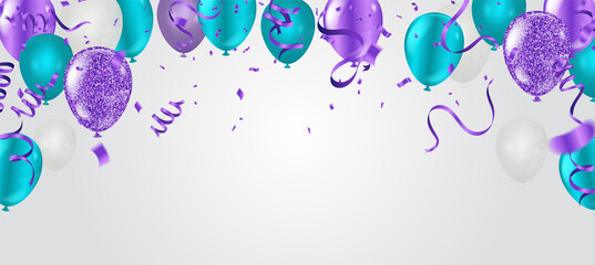 Birthday card with purple balloons and confetti on backgr