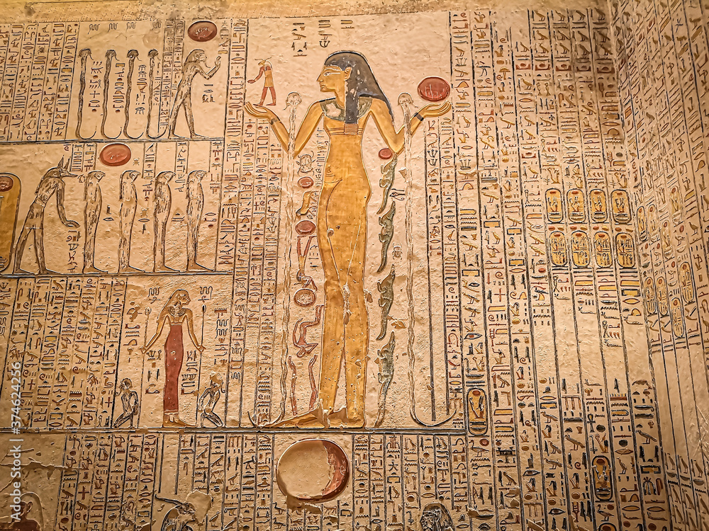 Ancient Egyptian writing, Egyptian hieroglyphs, wall inscriptions - obrazy, fototapety, plakaty 