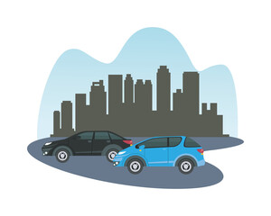 Poster - blue and black cars in front of city buildings vector design