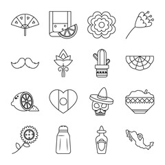 Poster - icon set of mexican and cactus, line style