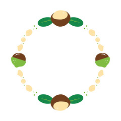 Wall Mural - Cartoon style round vector frame, card template with macadamia nuts and green leaves for healthy food design.