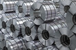 Rolls of metal sheet. Zync, aluminium or steel sheet rolls on warehouse in factory.