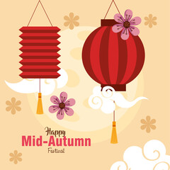 Sticker - red lanterns with clouds and flowers design, Happy mid autumn harvest festival oriental chinese and celebration theme Vector illustration