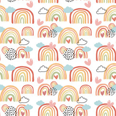 Cute colorful rainbow in autumn color palate pattern seamless background, Nursery Illustration, idea for gift wrapping paper, wall art and printable card.