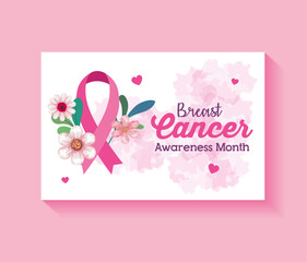 Wall Mural - pink ribbon with flowers of breast cancer awareness design, campaign and prevention theme Vector illustration