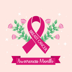 Wall Mural - pink ribbon with flowers and leaves of breast cancer awareness design, campaign and prevention theme Vector illustration