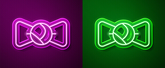 Sticker - Glowing neon line Bow tie icon isolated on purple and green background. Vector.