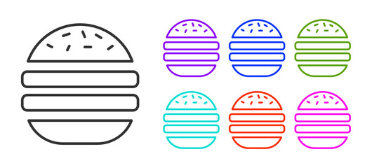 Wall Mural - Black line Burger icon isolated on white background. Hamburger icon. Cheeseburger sandwich sign. Fast food menu. Set icons colorful. Vector.