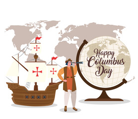 Sticker - Christopher Columbus cartoon with ship and world sphere design of happy columbus day america and discovery theme Vector illustration