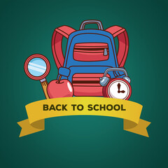 Wall Mural - bag with lupe apple and clock of back to school vector design