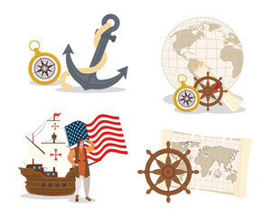 Sticker - Christopher Columbus cartoon with ship and icon set design of happy columbus day america and discovery theme Vector illustration