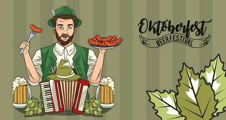 Wall Mural - oktoberfest man cartoon with traditional cloth accordion sausages and beer glasses vector design