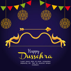 gold bow with arrow and mandalas hanging on blue background design, Happy dussehra festival and indian theme Vector illustration