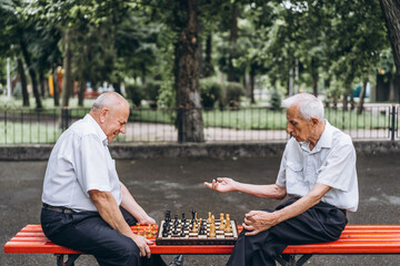 Two senior adult men playing chess on the bench outdoors in the park.