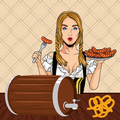 Wall Mural - oktoberfest woman cartoon with traditional cloth sausages and beer barrel vector design