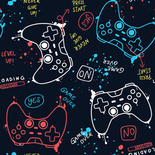 Vector Seamless Pattern With Joysticks Gamepad  Illustration And Slogan Text, For T-shirt Prints And Other Uses.