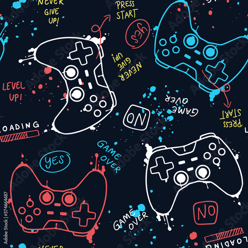 vector-seamless-pattern-with-joysticks-gamepad-illustration-and-slogan-text-for-t-shirt-prints-and-other-uses