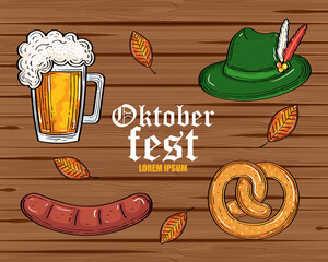 Wall Mural - beer glass hat pretzel and sausage design, Oktoberfest germany festival and celebration theme Vector illustration