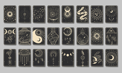 Set of decorative tarot cards. Vintage retro vintage engraving style. the sun, moon phases, crystals, magic symbols. print in the interior and design. vector graphics