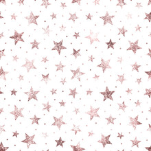 Stars. Rose Gold Foil. Pink Seamless Pattern Star. Golden Roses Sparkle Foil. Scatter Glitter Stars. Elegant Marble Texture. Delicate Background Random Stars. Tender Design For Gift Wrappers . Vector