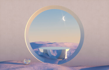 Poster - Abstract winter scene with geometrical forms, arch with a podium in natural light. surreal background. 3D render.