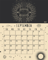 Monthly and weekly planner. magical image of cosmic bodies, stars, constellations, the sun and the moon. Retro vintage vintage style engraving. astrology and horoscope. Vector graphics