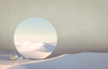 Aufkleber - Abstract winter scene with geometrical forms, arch with a podium in natural light. surreal background. 3D render.