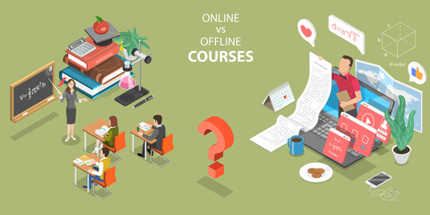 Wall Mural - 3D Isometric Flat Vector Concept of Online Courses vs Offline Courses, Pros and Cons of Regular Classes and Distance Education.