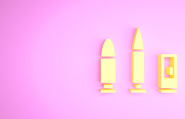 Wall Mural - Yellow Bullet and cartridge icon isolated on pink background. Minimalism concept. 3d illustration 3D render.