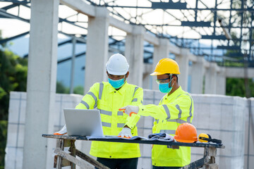 Aufkleber - Construction manager and engineer use laptop working about project in building construction site.