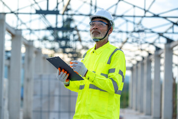 Poster - Civil engineer checking work with clipboard in progress of construction project at construction site.