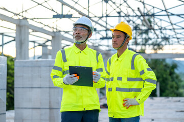 Aufkleber - Civil engineer checking work with clipboard in progress of construction project at construction site.