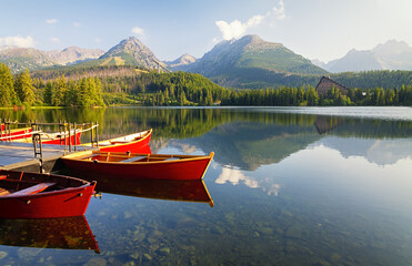 Boat on mountain lake Strbske pleso (Strbske lake) in High Tatras national park, Slovakia.