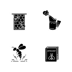 Canvas Print - Bee farming black glyph icons set on white space. Honeycomb frame, bee smoker, honeybee venom and apiology book. Professional apiculture, beekeeping silhouette symbols. Vector isolated illustrations