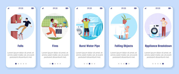 Common home accidents onboarding mobile app screen vector template. Appliance breakdown, falls, fires. Walkthrough website steps with flat characters. Life insurance. Smartphone cartoon UX, UI, GUI