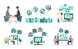 Fototapeta  - Telecommuting concept. Vector illustration of people having communication via telecommuting system. Concept for any telework illustration, video conference, workers at home.