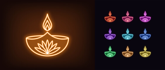 Wall Mural - Neon diya icon. Glowing neon Diya lamp with fire and lotus flower, Deepavali