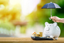 Woman Hand Hold Open The Black Umbrella For Protect The Piggy Bank And Coin And Home Put On The Calculator In The Public Park, Loan Or Saving Money For Real Estate And Property Protection Concept.