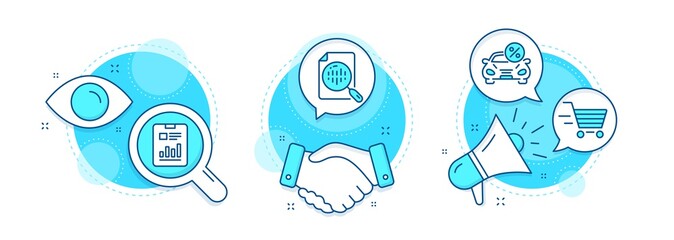 Wall Mural - Analytics chart, Car leasing and Report document line icons set. Handshake deal, research and promotion complex icons. Delivery shopping sign. Vector