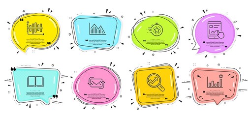 Wall Mural - diagram chart, analytics and book signs. speech bubbles with quotes. internet report, timer and refr