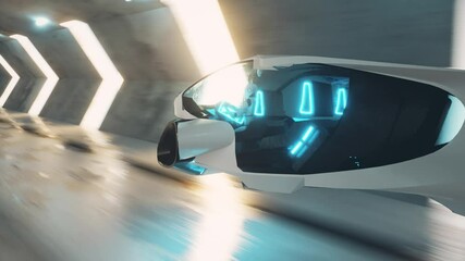 Flying a robot behind the wheel of a futuristic car in a long tunnel. Artificial intelligence and future concept. Seamless loop 3d render.