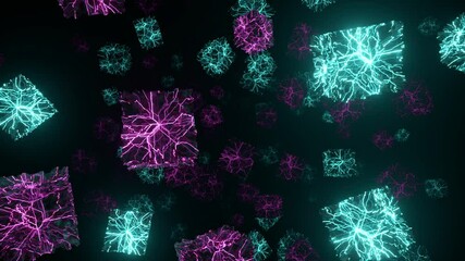 Wall Mural - Flying in space with rotating neon cubes. Seamless loop 3d render