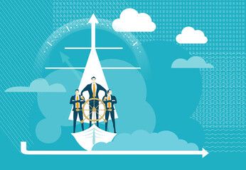 Wall Mural - Successful business team on the boat, searing for new business opportunity, start up. Business concept illustration.