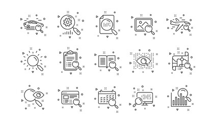 Wall Mural - Indexation, Artificial intelligence and Car rental. Search line icons. Search images linear icon set. Geometric elements. Quality signs set. Vector