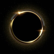 Golden Round Metal Circle Rings With Sparkles Background. Shining Abstract Frame. Yellow Shiny Circular Lines. Modern Futuristic Graphic Vector Illustration. Flares Glowing Effect