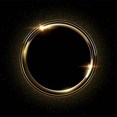 Wall Mural - Golden round metal circle rings with sparkles background. Shining abstract frame. Yellow shiny circular lines. Modern futuristic graphic vector illustration. Flares glowing effect